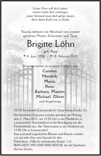 Traueranzeige von Brigitte Löhn von Aachener Zeitung / Aachener Nachrichten