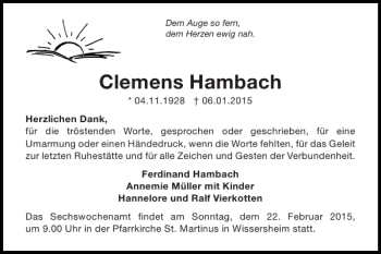 Traueranzeige von Clemens Hambach von Super Sonntag / Super Mittwoch