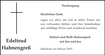 Traueranzeige von Edeltrud Hahnengreß von Super Sonntag / Super Mittwoch