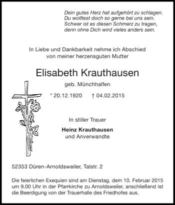 Traueranzeige von Elisabeth Krauthausen von Super Sonntag / Super Mittwoch