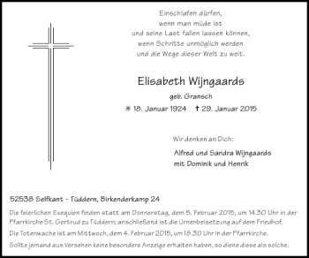 Traueranzeige von Elisabeth Wijngaards Elisabeth Wijngaards von Super Sonntag / Super Mittwoch