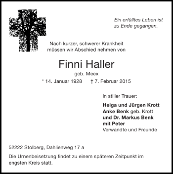 Traueranzeige von Finni Haller von Super Sonntag / Super Mittwoch