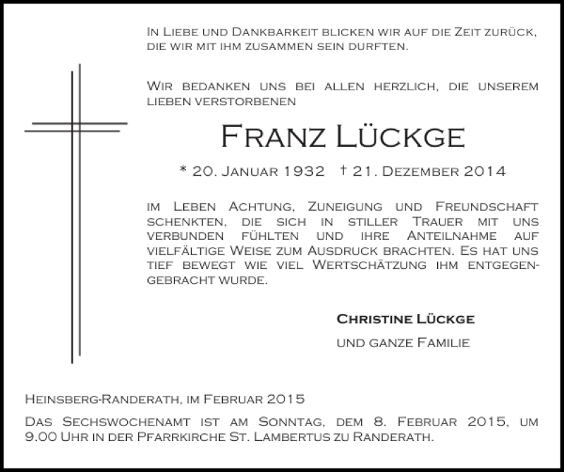 Traueranzeigen von Franz Lückge Aachen gedenkt