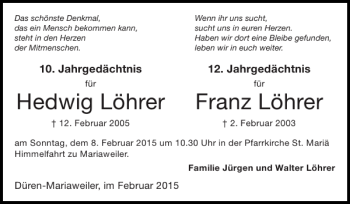 Traueranzeige von Hedwig Löhrer Franz Löhrer von Super Sonntag / Super Mittwoch