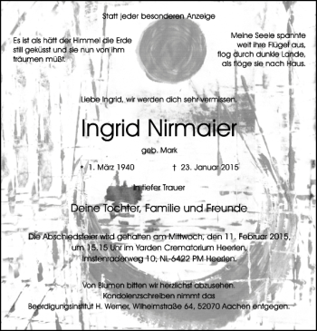 Traueranzeige von Ingrid Nirmaier von Super Sonntag / Super Mittwoch