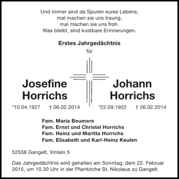 Traueranzeige von Josefine Johann Horrichs Horrichs von Super Sonntag / Super Mittwoch