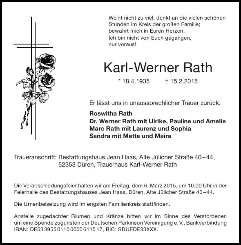Traueranzeigen von Karl-Werner Rath | Aachen gedenkt