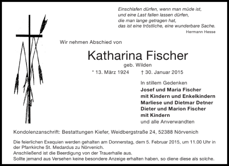 Traueranzeigen Von Katharina Fischer Aachen Gedenkt
