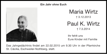 Traueranzeige von Maria Wirtz Paul K. Wirtz von Super Sonntag / Super Mittwoch
