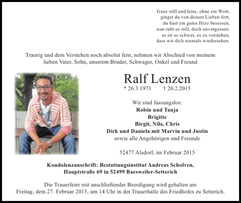  Traueranzeige für Ralf Lenzen vom 25.02.2015 aus Super Sonntag / Super Mittwoch