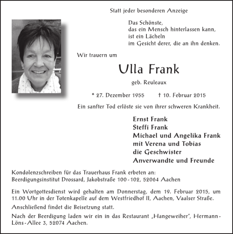  Traueranzeige für Ulla Frank vom 15.02.2015 aus Super Sonntag / Super Mittwoch
