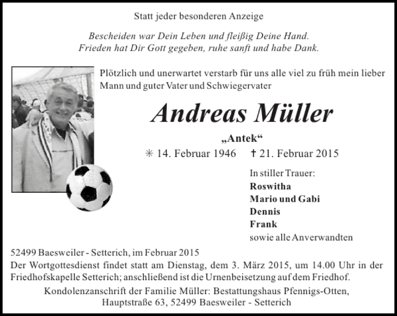  Traueranzeige für Andreas Müller vom 01.03.2015 aus Super Sonntag / Super Mittwoch