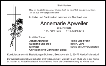 Traueranzeige von Annemarie Apweiler von Super Sonntag / Super Mittwoch