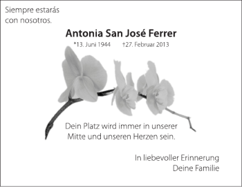 Traueranzeige von Antonia San José Ferrer von Super Sonntag / Super Mittwoch