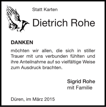 Traueranzeige von Dietrich Rohe von Super Sonntag / Super Mittwoch