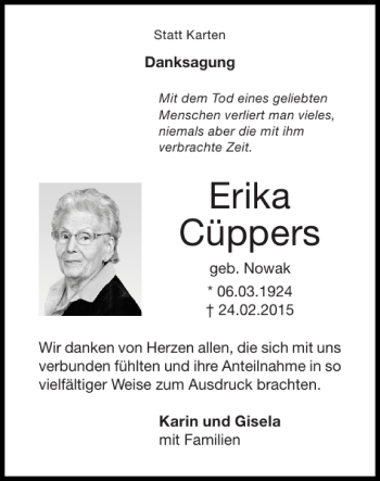 Traueranzeige von Erika Cüppers von Super Sonntag / Super Mittwoch