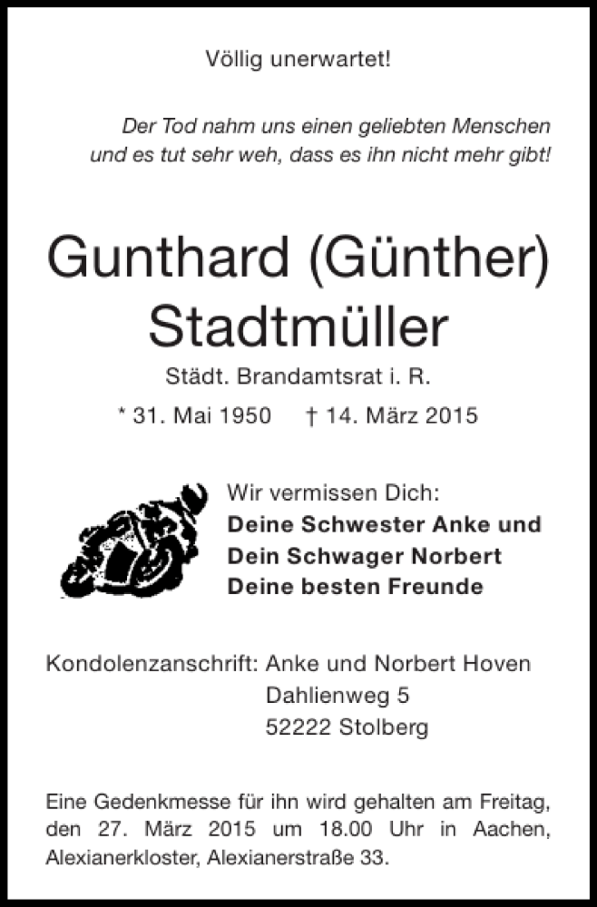  Traueranzeige für Gunthard Günther Stadtmüller vom 22.03.2015 aus Super Sonntag / Super Mittwoch