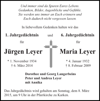 Traueranzeige von Jürgen Leyer Maria Leyer von Super Sonntag / Super Mittwoch