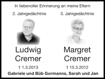 Traueranzeige von Ludwig Cremer Margret Cremer von Super Sonntag / Super Mittwoch