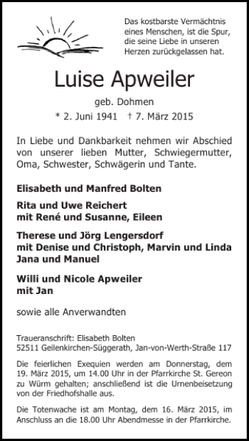 Traueranzeige von Luise Apweiler von Super Sonntag / Super Mittwoch