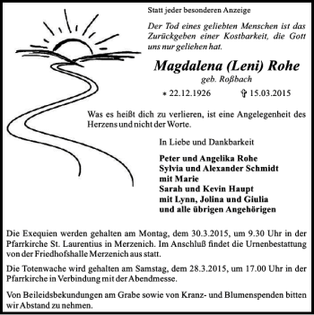 Traueranzeige von Magdalena Leni Rohe von Super Sonntag / Super Mittwoch