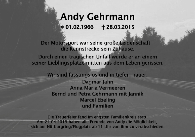  Traueranzeige für Andy Gehrmann vom 18.04.2015 aus Aachener Zeitung / Aachener Nachrichten