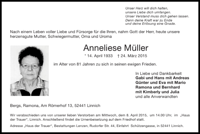  Traueranzeige für Anneliese Müller vom 05.04.2015 aus Super Sonntag / Super Mittwoch