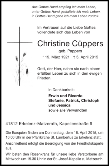 Traueranzeige von Christine Cüppers von Super Sonntag / Super Mittwoch