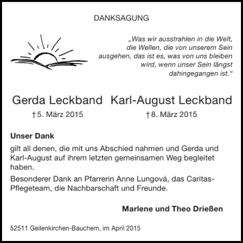 Traueranzeige von Gerda Leckband Karl-August Leckband von Super Sonntag / Super Mittwoch