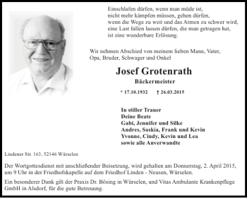 Traueranzeige von Josef Grotenrath von Super Sonntag / Super Mittwoch