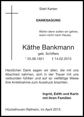 Traueranzeige von Käthe Bankmann von Super Sonntag / Super Mittwoch