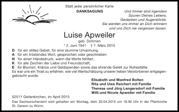 Traueranzeige von Luise Apweiler von Super Sonntag / Super Mittwoch