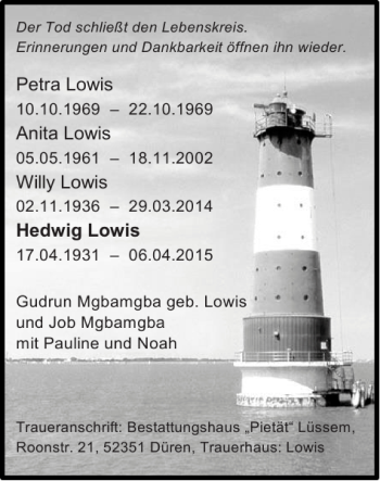 Traueranzeige von Petra Lowis Anita Lowis Willy Lowis  von Super Sonntag / Super Mittwoch