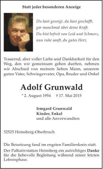 Traueranzeige von Adolf Grunwald von Super Sonntag / Super Mittwoch