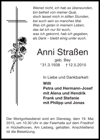 Traueranzeige von Anni Straßen von Super Sonntag / Super Mittwoch
