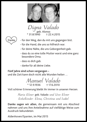 Traueranzeige von Digna Valado Manuel Valado von Super Sonntag / Super Mittwoch