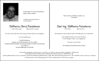 Traueranzeige von Eleftherios Terry ParaskevasDipl.-Ing. Eleftherios Paraskevas von Aachener Zeitung / Aachener Nachrichten