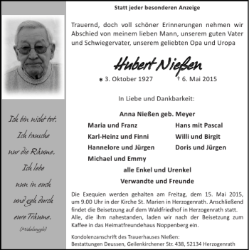 Traueranzeige von H Huubbeerrt Nießen t Nießen von Super Sonntag / Super Mittwoch