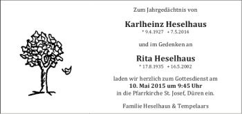 Traueranzeige von Karlheinz Heselhaus Rita Heselhaus von Aachener Zeitung / Aachener Nachrichten
