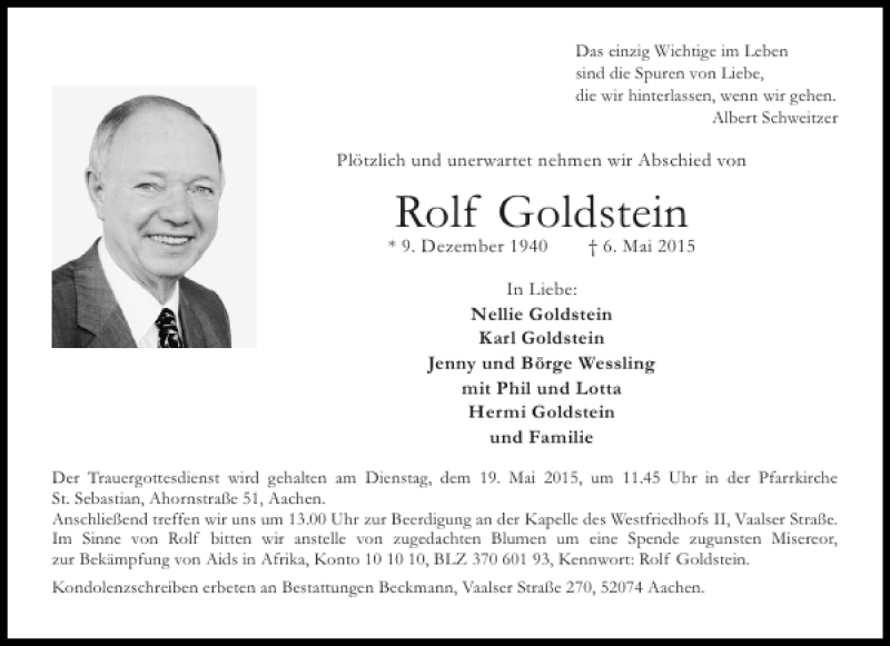  Traueranzeige für Rolf Goldstein vom 09.05.2015 aus Aachener Zeitung / Aachener Nachrichten