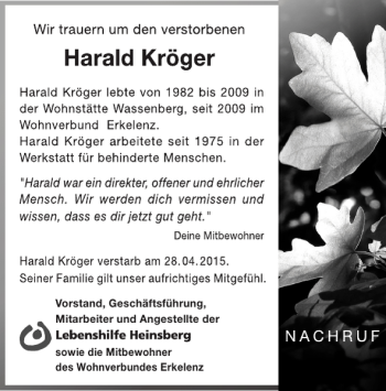 Traueranzeige von und Angestellte der Mitbewohner Wohnverbundes Erkelenz  von Super Sonntag / Super Mittwoch