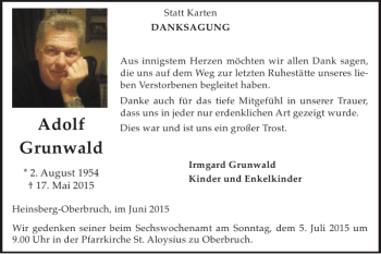 Traueranzeige von Adolf Grunwald von Super Sonntag / Super Mittwoch