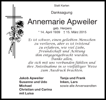 Traueranzeige von Annemarie Apweiler von Super Sonntag / Super Mittwoch