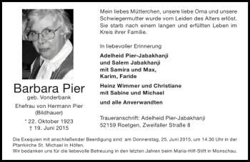 Traueranzeige von Barbara Pier von Aachener Zeitung / Aachener Nachrichten