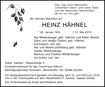 Traueranzeige von HEINZ HÄHNEL von Super Sonntag / Super Mittwoch