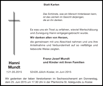 Traueranzeige von Hanni Mundt von Super Sonntag / Super Mittwoch