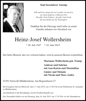 Traueranzeige von Heinz-Josef Wollersheim von Super Sonntag / Super Mittwoch