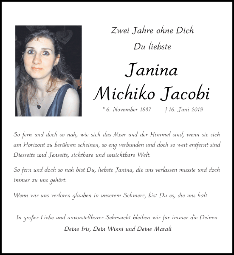  Traueranzeige für Janina Michiko Jacobi vom 13.06.2015 aus Aachener Zeitung / Aachener Nachrichten