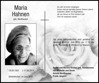 Traueranzeige von Maria Hahnen von Super Sonntag / Super Mittwoch