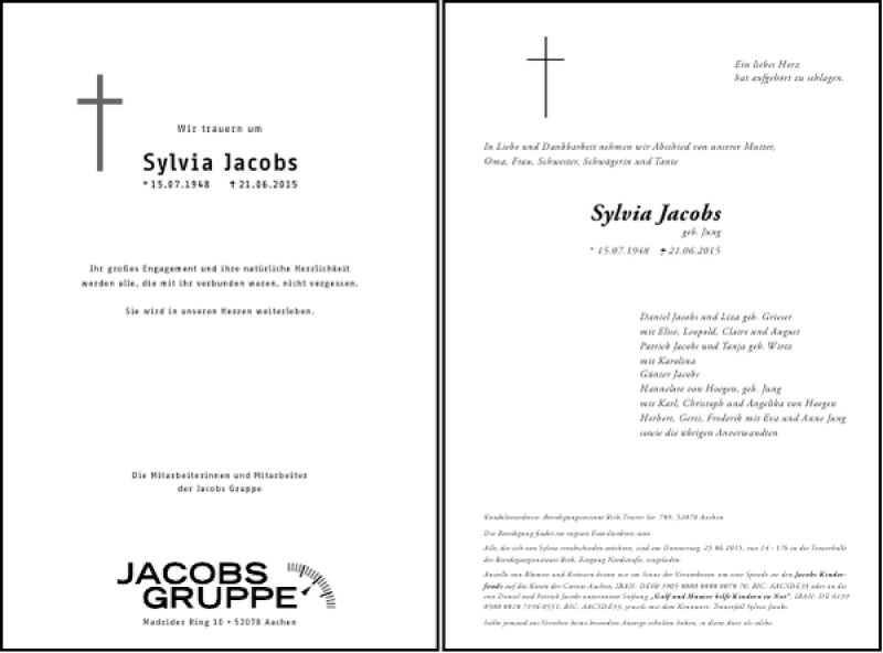  Traueranzeige für Sylvia Jacobs vom 24.06.2015 aus Aachener Zeitung / Aachener Nachrichten